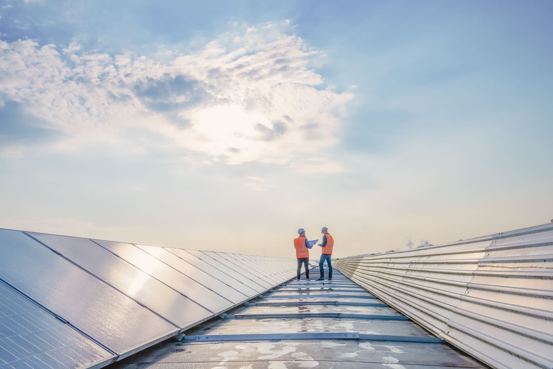 Two technicians in distance discussing between long rows of photovoltaic panels